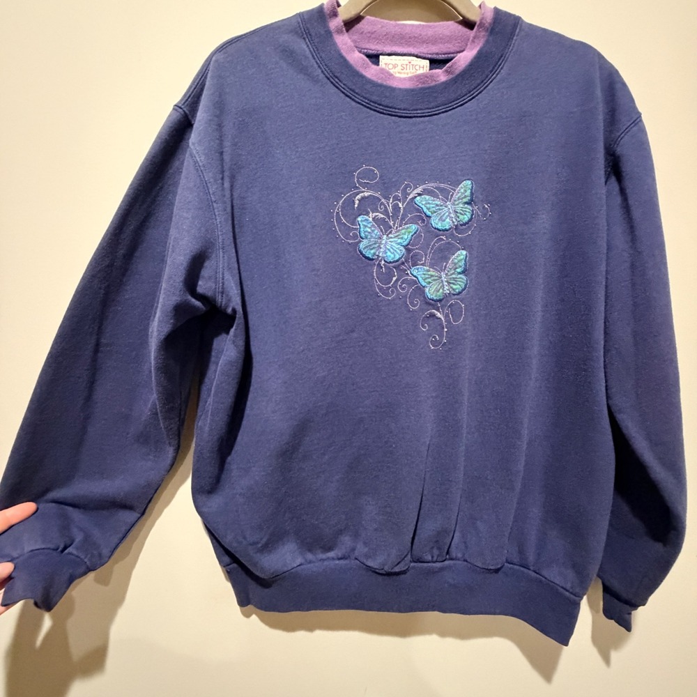 VTG Top Stitch Butterfly Sweatshirt Women Large Blue Embroidered Indie Fairycore